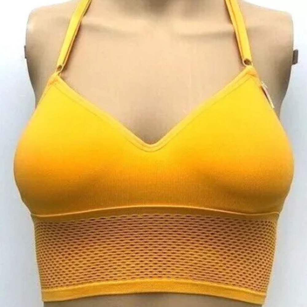 Pink by VS Lighly Lined Yellow Bra with T back Logo and Mesh Band, Sz 34B